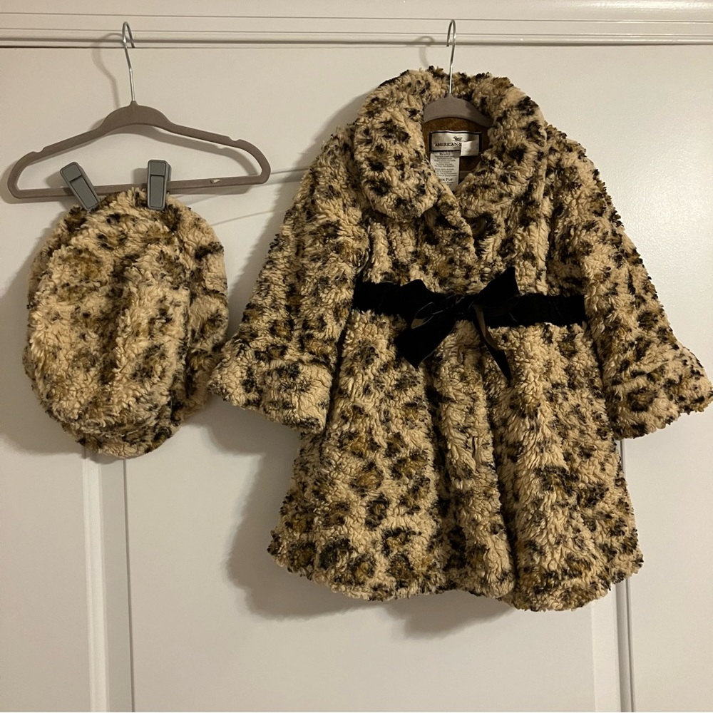 American Widgeon Girls 3T Faux Fur Leopard Print Coat w/‎ Matching Hat